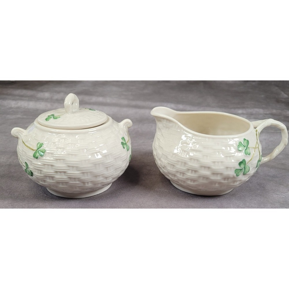 VTG Belleek Ireland Shamrock Basketweave Creamer Sugar Bowl Set Irish Porcelain